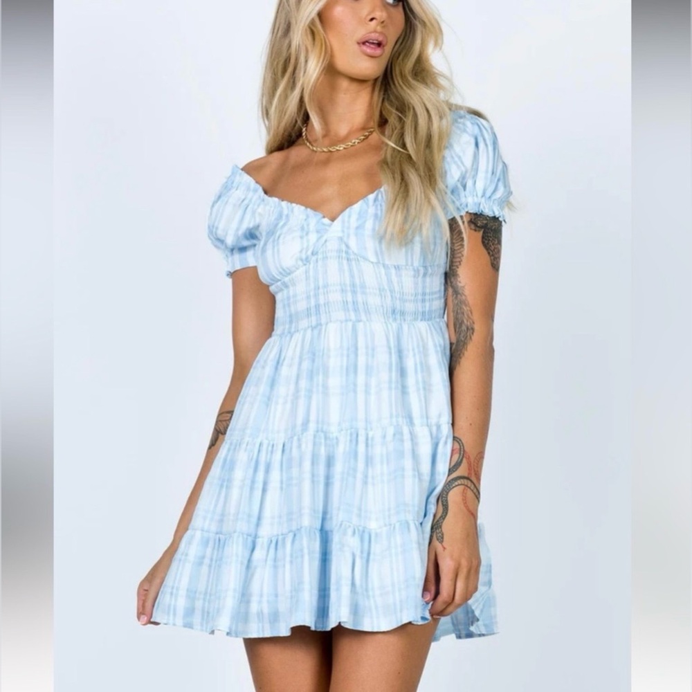 Princess Polly Women’s Daniella 100% Cotton Mini Dress Blue White Check Size 2